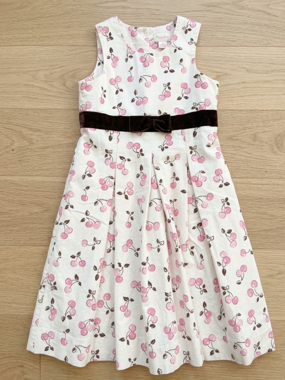 Hartstrings Cream Dress with Pink Cherry Print and Brown Velvet Belt